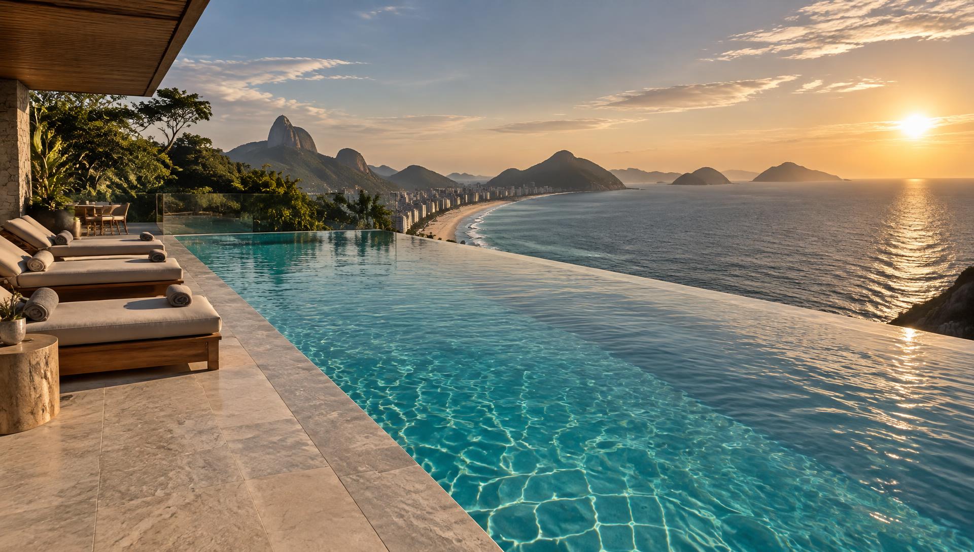 Piscina de borda infinita de alto padrão com água azul cristalina e o Pão de Açúcar ao fundo, no Rio de Janeiro, ao pôr do sol